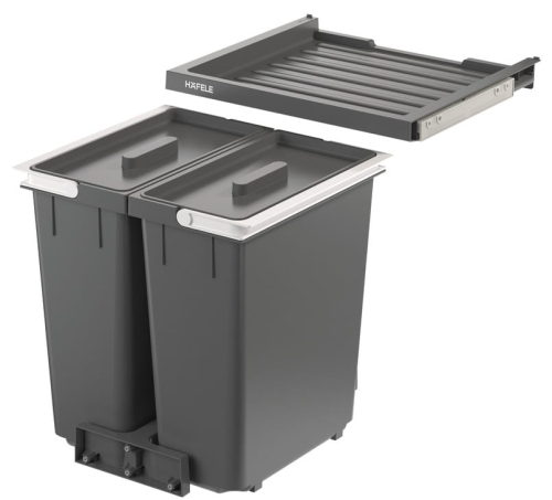 osz na śmieci, 2 x 15 l, Häfele do szerokości korpusu: 450 mm, wysokość zabudowy: 367 mm, półka wysuwana Basic: prowadnica ślizgowa z wysuwem częściowym HÄFELE 50191402