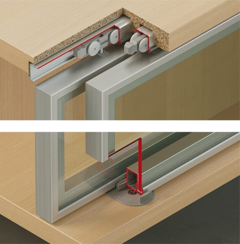 Okucie do drzwi przesuwnych, Häfele Slido F-Line21 20F, komplet do drzwi przesuwnych z ramą aluminiową z małymi skrzydłami drzwi, hamulec opcjonalny, ciężar drzwi do 20 kg, Infront, do 2 skrzydeł drzwi, z hamulcem z jednej strony HÄFELE
