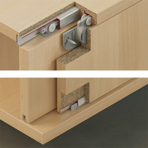 Okucie do drzwi przesuwnych, Häfele Slido F-Line21 12C, komplet  do małych drzwi przesuwnych drewnianych, Infront, do ciężaru drzwi do 12 kg, Infront, do 1 skrzydła drzwi, ze stoperem zatrzaskowym