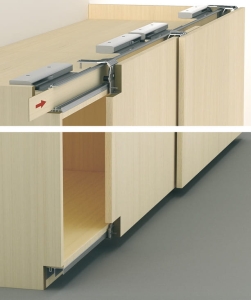 Okucie do drzwi przesuwnych, Häfele Slido F-Line43 70A, do ciężaru drzwi do 70 kg, Vorfront, do 2 drzwi, grubość drzwi maks. 28 mm HÄFELE 40235002
