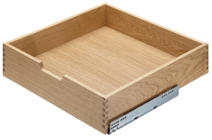 Szuflada z litego drewna, PREMIUM z prowadnicą BLUM MOVENTO, z frezowanym uchwytem, światło korpusu: 520 mm, wysokość 190 mm  HÄFELE 55764443