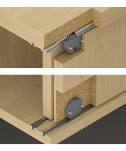 Okucie do drzwi przesuwnych, Häfele Slido F-Line12 20A, komplet do drzwi przesuwnych drewnianych, Infront, do ciężaru drzwi do 20 kg, zespół jezdny z regulacją wysokości, prowadzenie z czopem zapadkowym HÄFELE 40422024