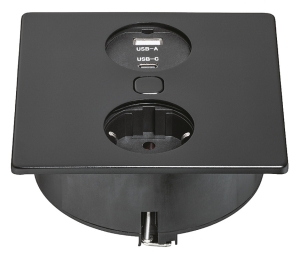 Gniazdo obracane, Duplex Q, z maskownicą, gniazdo Schuko, F (DE) i ładowarka USB A+C dla grubości blatu: ≥ 8 mm, napięcie sieciowe: 230 V, wymiary: 118 x 118 mm, kolor/ wykończenie: czarny, matowy  HÄFELE 82052723