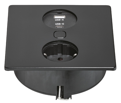 Gniazdo obracane, Duplex Q, z maskownicą, gniazdo Schuko, F (DE) i ładowarka USB A+C dla grubości blatu: ≥ 8 mm, napięcie sieciowe: 230 V, wymiary: 118 x 118 mm, kolor/ wykończenie: czarny, matowy HÄFELE 82052723