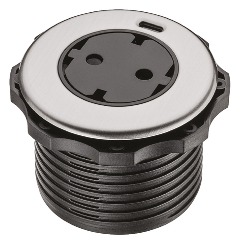 Gniazdo, Solo, 230V, gniazdo Schuko, F (DE) i ładowarka USB C do grubości blatu: ≥ 8 mm, otwór montażowy: ø 60 mm, kolor/ wykończenie: stal nierdzewna HÄFELE 82052727