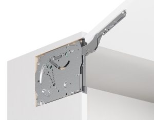 Okucie do klapy jednoczęściowej podnoszonej, Häfele Free Slim flap 1.12 do wpuszczenia w zewnętrzną stronę korpusu, zamocowanie frontu za pomocą zamontowanych wstępnie kołków rozporowych, ø 10 mm, jasnoszary HÄFELE 37292503