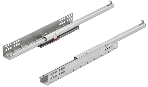Prowadnica kryta, Häfele Matrix Runner UM S25, wysuw częściowy, udźwig do 25 kg stal, montaż na czopy do wciskania, dł. szuflady: 550 mm, z samodomykaniem i hamulcem  HÄFELE 43308255